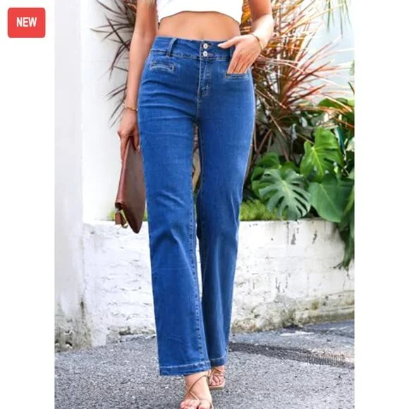 High Waisted Straight Leg Stretchy Jeans Wide Leg Denim Pants
